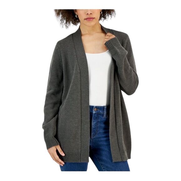 Karen Scott Womens Open Front Cardigan Charcoal Heather Petite Small NWT - Picture 1 of 9